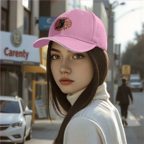 Black Baseball Cap with Cute Black Cat and Candy Print