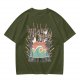 Olive graphic t-shirt with tropical sunset wave and palm tree print