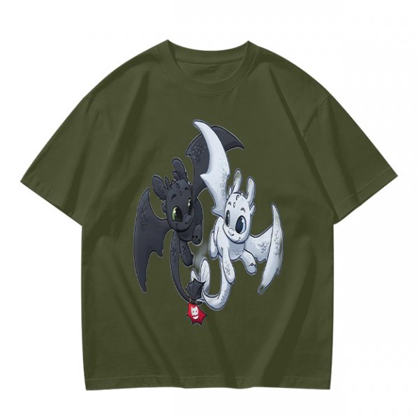 Olive T-Shirt Featuring Toothless and Light Fury Dragons