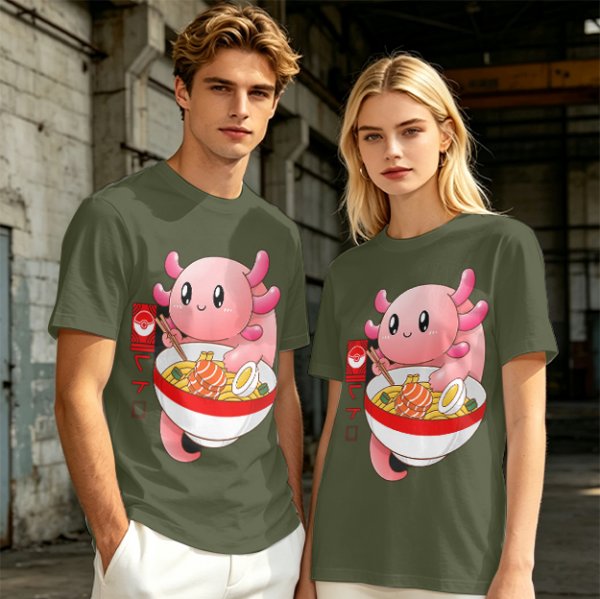 Olive T-Shirt Featuring a Cute Pink Axolotl Eating Ramen