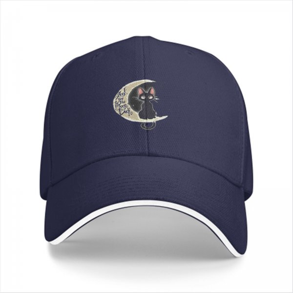 Black Baseball Cap with Black Cat on Crescent Moon Design