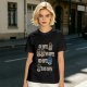 Olive green graphic tee with coffee cup illustrations and playful coffee text
