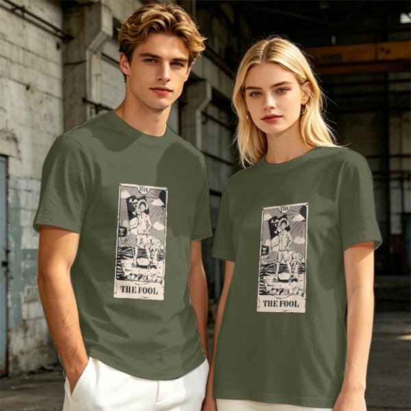 Olive T-Shirt with The Fool Tarot Card Anime Print