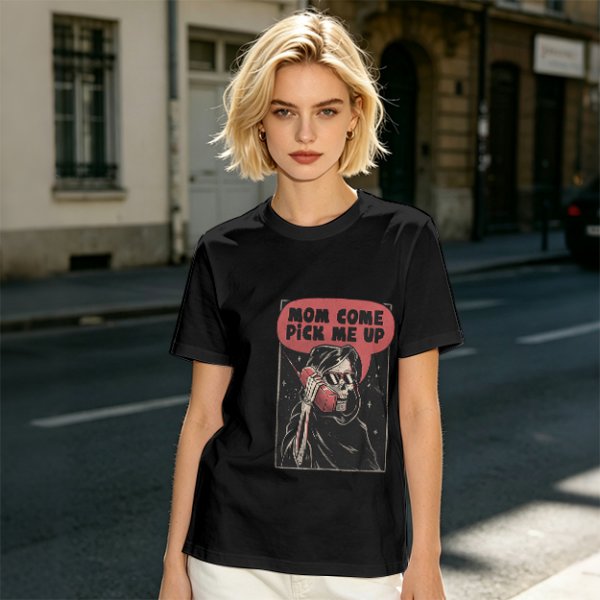 Olive Graphic T-Shirt With Grim Reaper 'Mom Come Pick Me Up' Print