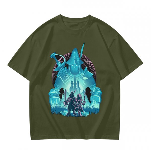 Fantasy warrior ghost print olive green graphic t-shirt