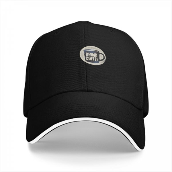 Black baseball cap with Bring Coffee mug graphic design