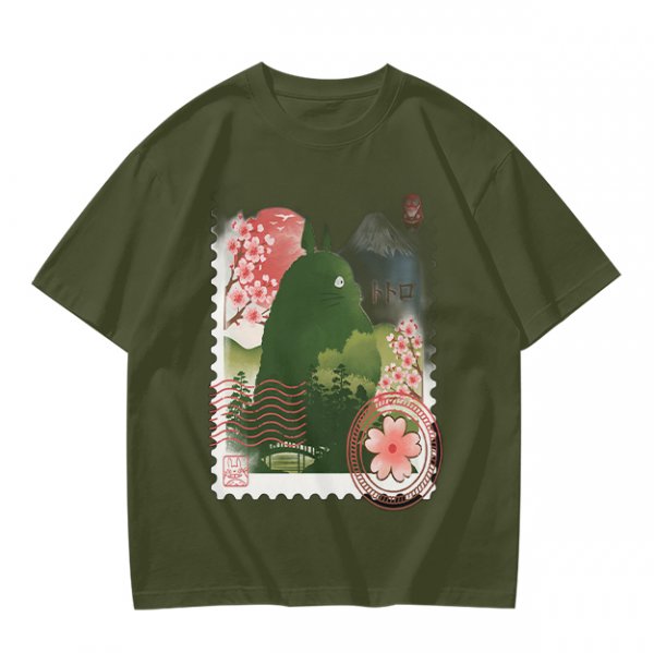 Olive T-Shirt with Totoro Cherry Blossom Stamp Art Print