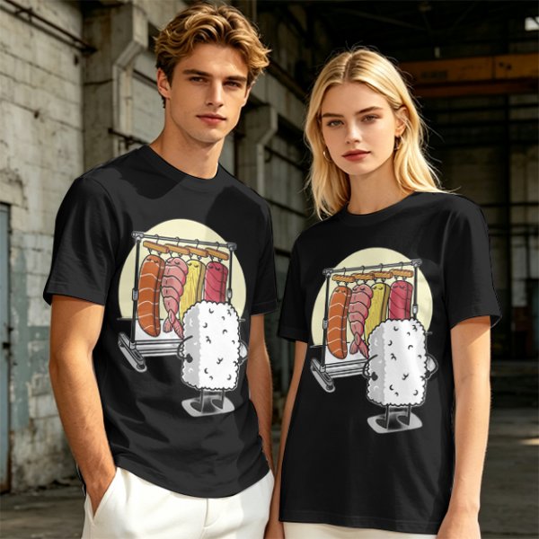 Olive T-Shirt With Funny Sushi Laundry Rack Graphic