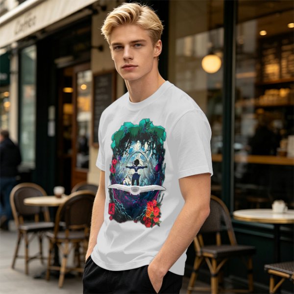 Olive T-shirt with fantasy forest glider rider graphic print
