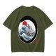 Olive T-shirt with Great Wave Enso Circle and Red Sun Print