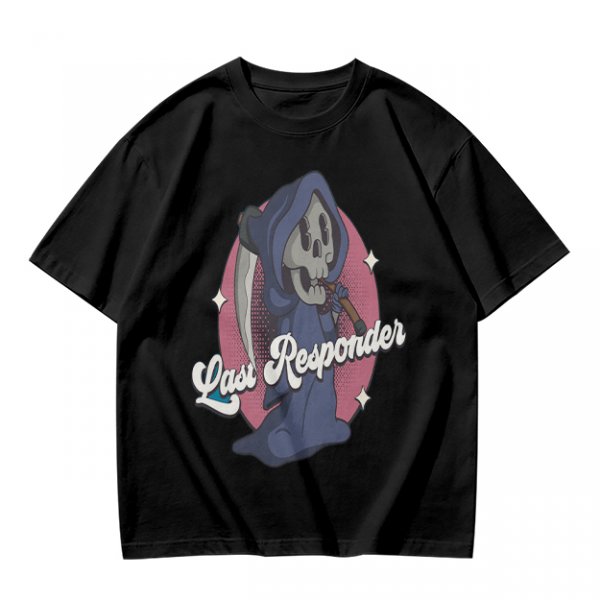 Olive T-Shirt with Cartoon Grim Reaper 'Last Responder' Print
