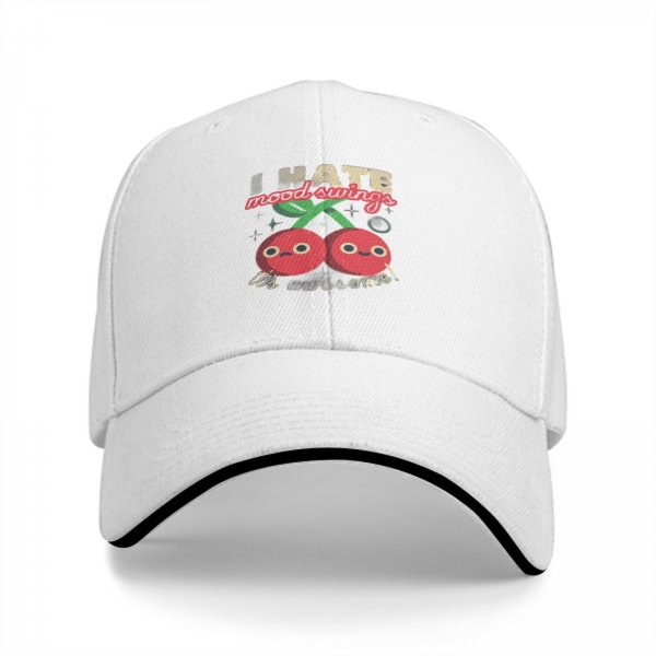 Black baseball cap with funny mood swing cherry graphic print