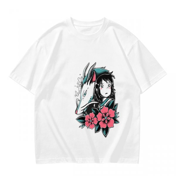 Olive T-shirt with Spirited Away Haku and Chihiro Anime Art Print