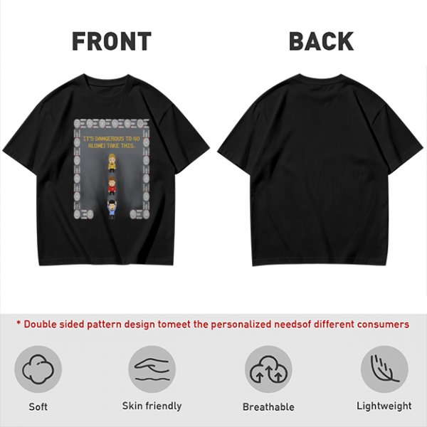 Olive t-shirt with retro video game 'It's dangerous to go alone' print
