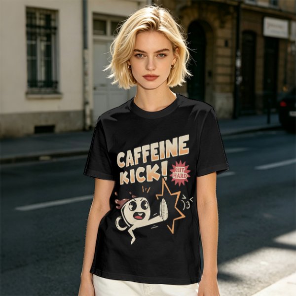 Olive graphic tee with caffeine kick cartoon coffee cup design