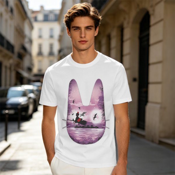 Olive T-Shirt With Witch Riding Broom Silhouette In Bunny Outline