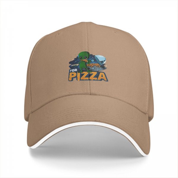 Black baseball cap with alien eating pizza and 'FOR PIZZA' text