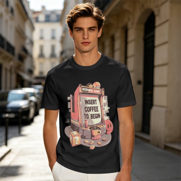 Gaming Themed T-Shirt With 'Insert Coffee To Begin' Print