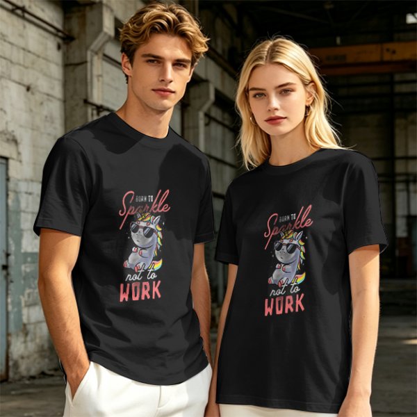 Olive t-shirt with cool unicorn graphic and 'Born to Sparkle not to Work' text