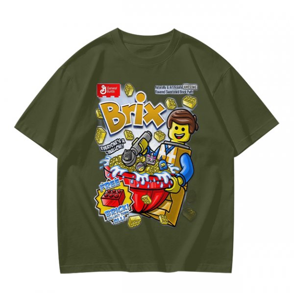Olive t-shirt with Lego-style Brix cereal graphic print