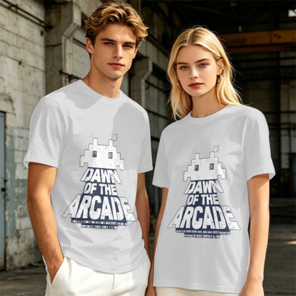 Olive T-Shirt with Retro Arcade Space Invader Graphic and Dawn of the Arcade Text