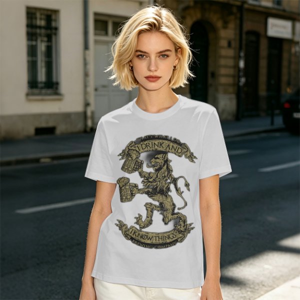 Olive T-shirt with 'I Drink And I Know Things' Lion Beer Graphic