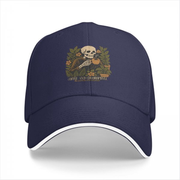 Black baseball cap with skeleton holding coffee and plants design