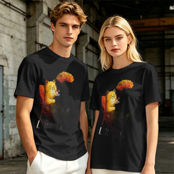 Olive T-Shirt Featuring a Relaxed Cat on a Chair with Fried Chicken Print