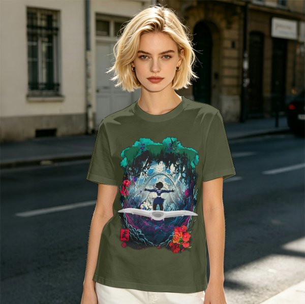 Olive T-shirt with fantasy forest glider rider graphic print