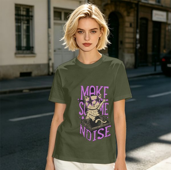 Olive T-Shirt with DJ Cat Graphic and Make Some Noise Text