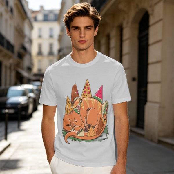Sleeping Dinosaur Surrounded by Food Slices Graphic T-Shirt