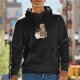 Black hoodie with owl, coffee mug and stacked books graphic