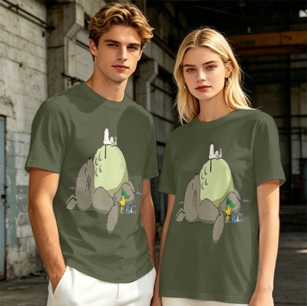 Olive T-shirt with whimsical forest spirit and small animal graphic print