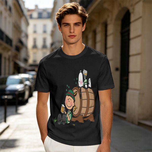 Olive T-Shirt with Charlie Brown and Snoopy at Oktoberfest Beer Barrel