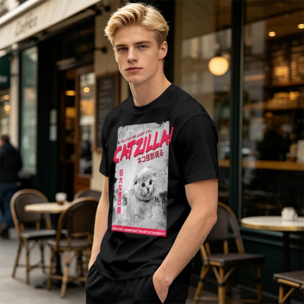 Olive green t-shirt with Catzilla giant cat monster graphic print