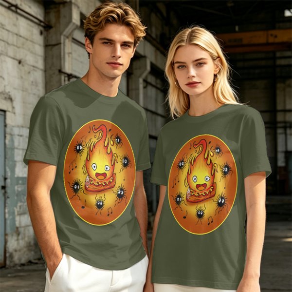 Olive T-Shirt Featuring Calcifer and Soot Sprites Artwork