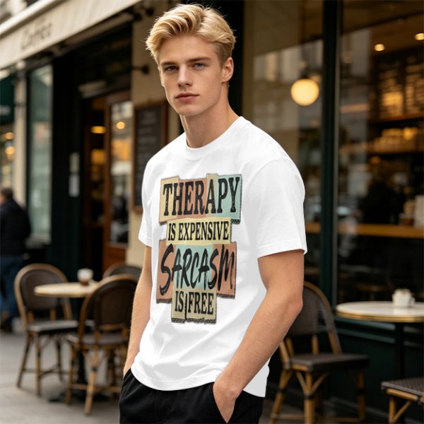 Olive graphic tee with 'Therapy is expensive sarcasm is free' print
