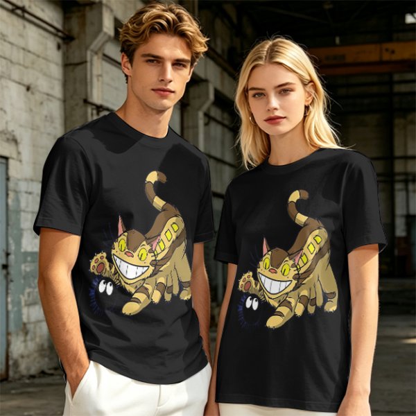 Olive T-shirt with Catbus and Soot Sprite Anime Print