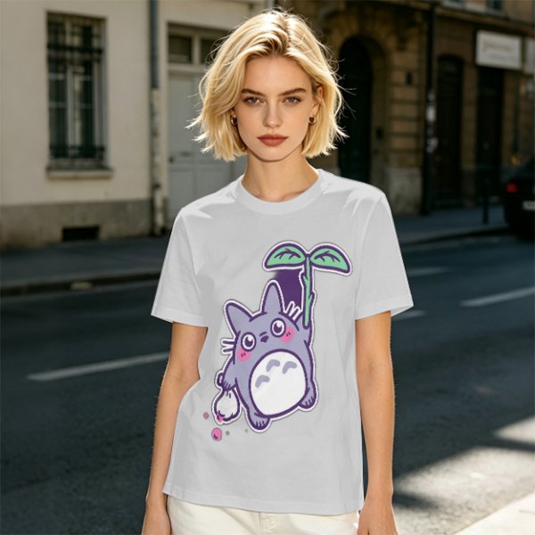 Olive T-Shirt With Cute Chibi Totoro Holding Leaf Print