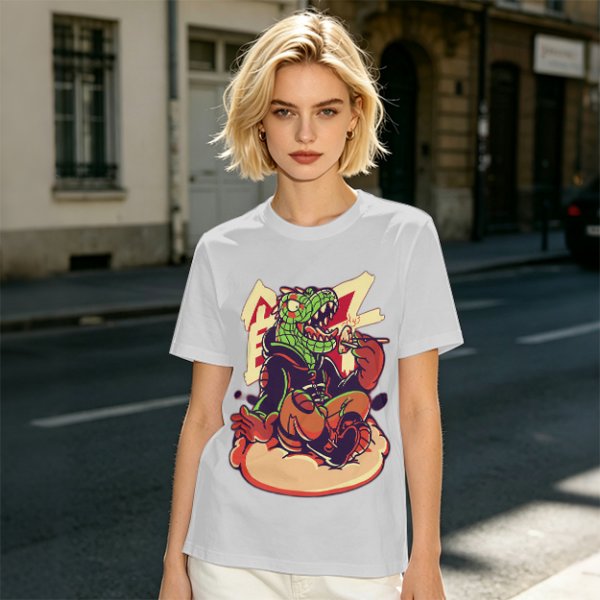 Olive T-Shirt with Cartoon Crocodile Eating Snack Graphic
