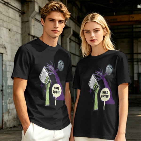 Olive Zombie Hand Holding Coffee Mug 'More Coffee!' Graphic T-Shirt
