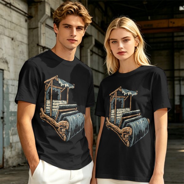 Olive T-Shirt With Rustic Wooden Cart Print