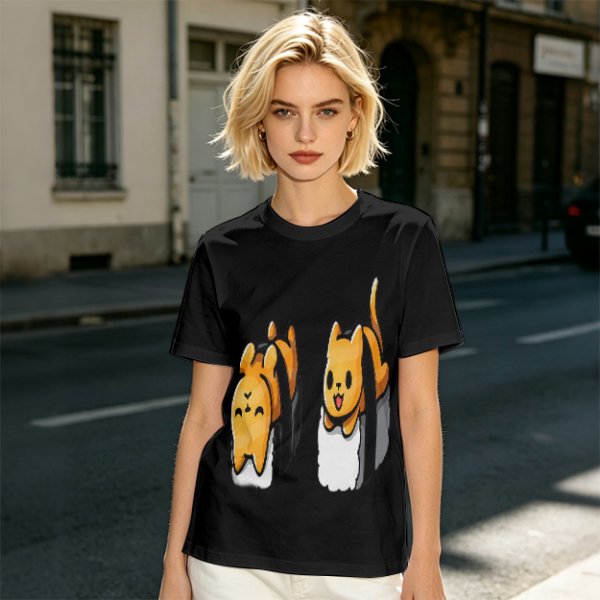 Olive T-shirt with cute sushi cat graphic print
