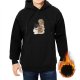 Black hoodie with owl, coffee mug and stacked books graphic