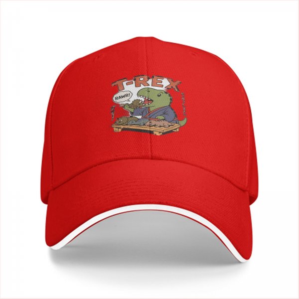 Black baseball cap with T-Rex sushi chef graphic and RAWR text