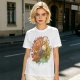 Olive Green T-Shirt with Whimsical Nature Floral and Rock Art Print