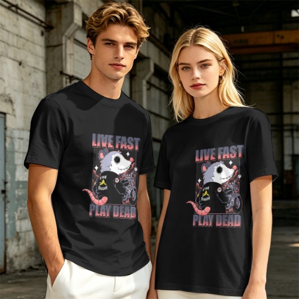 Olive t-shirt with live fast play dead opossum biker graphic