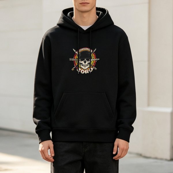 Black hoodie with skull and swords graphic design