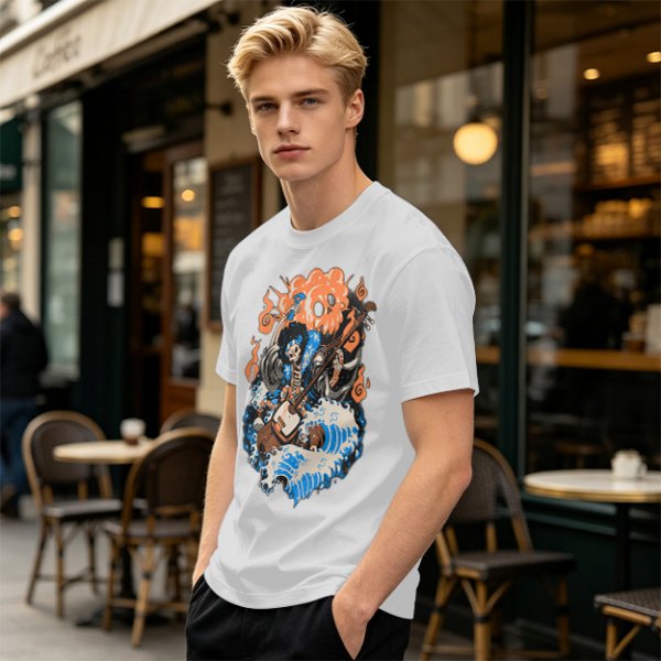 Olive T-shirt with Skeleton Musician Playing Guitar Over Ocean Waves