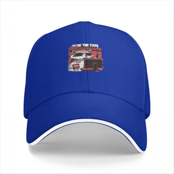 Black baseball cap with raccoon graphic doing the bare minimum